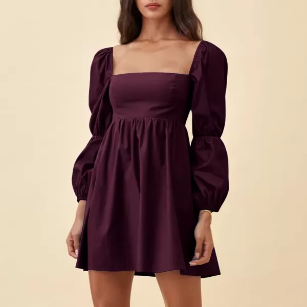 EXLURA Womens Square Neck Dress Long Puff Sleeve A-Line Casual Short Mini Dress