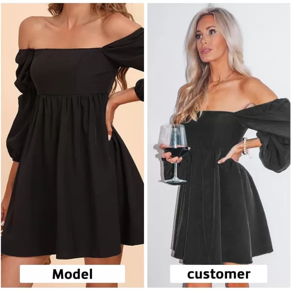 EXLURA Womens Square Neck Dress Long Puff Sleeve A-Line Casual Short Mini Dress