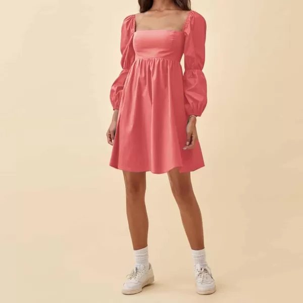 EXLURA Womens Square Neck Dress Long Puff Sleeve A-Line Casual Short Mini Dress