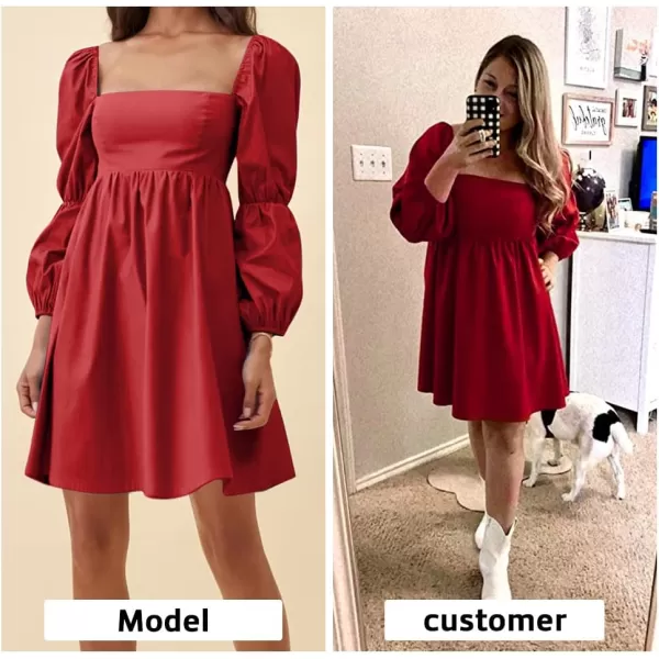 EXLURA Womens Square Neck Dress Long Puff Sleeve A-Line Casual Short Mini Dress