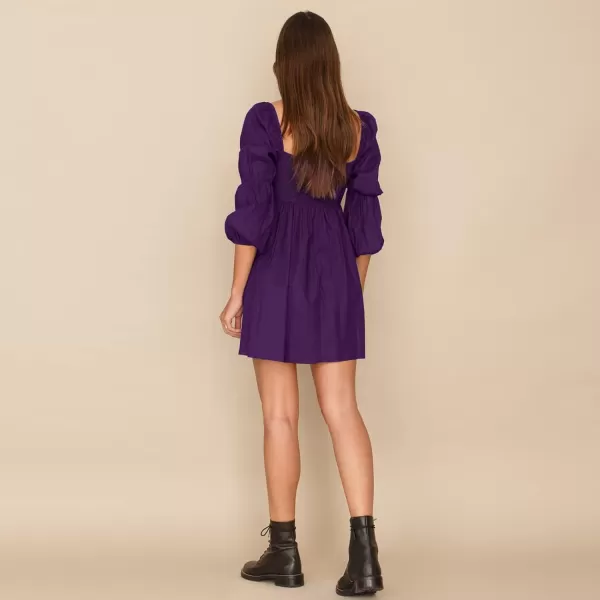 EXLURA Womens Square Neck Dress Long Puff Sleeve A-Line Casual Short Mini Dress