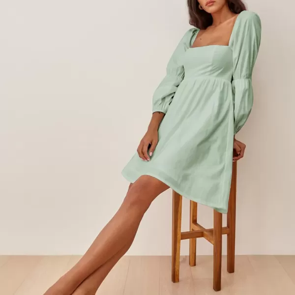 EXLURA Womens Square Neck Dress Long Puff Sleeve A-Line Casual Short Mini Dress