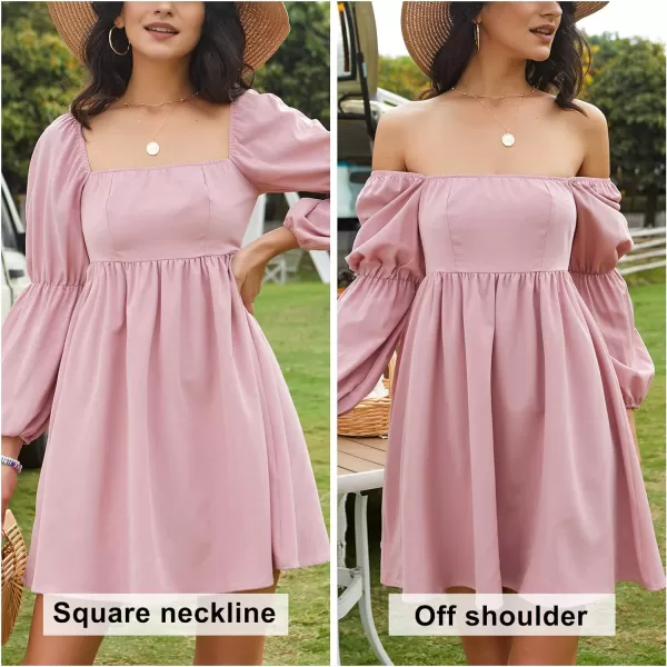 EXLURA Womens Square Neck Dress Long Puff Sleeve A-Line Casual Short Mini Dress