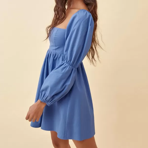 EXLURA Womens Square Neck Dress Long Puff Sleeve A-Line Casual Short Mini Dress