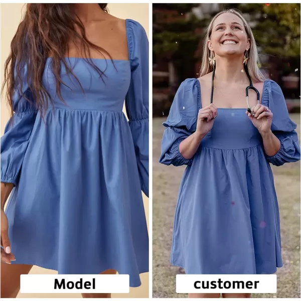 EXLURA Womens Square Neck Dress Long Puff Sleeve A-Line Casual Short Mini Dress