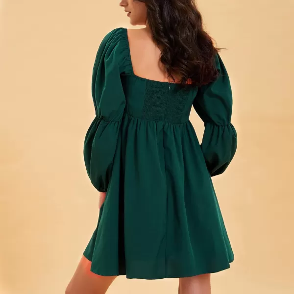 EXLURA Womens Square Neck Dress Long Puff Sleeve A-Line Casual Short Mini Dress