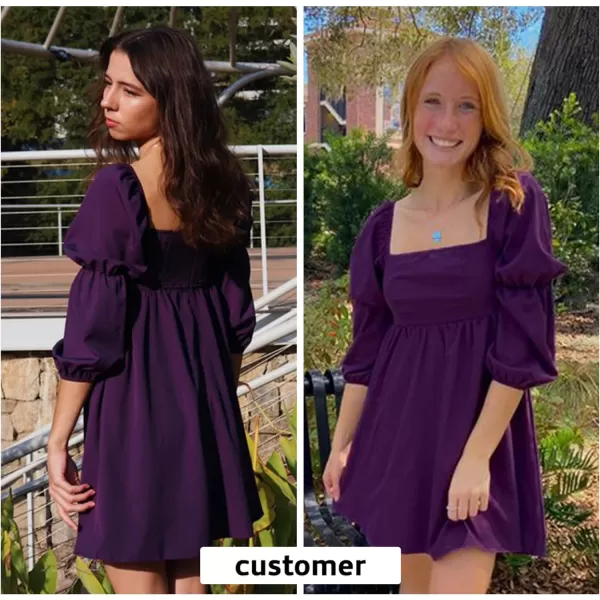 EXLURA Womens Square Neck Dress Long Puff Sleeve A-Line Casual Short Mini Dress