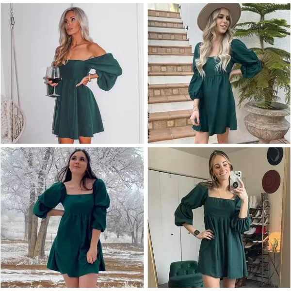 EXLURA Womens Square Neck Dress Long Puff Sleeve A-Line Casual Short Mini Dress