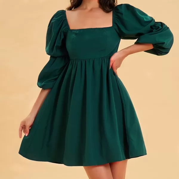 EXLURA Womens Square Neck Dress Long Puff Sleeve A-Line Casual Short Mini Dress
