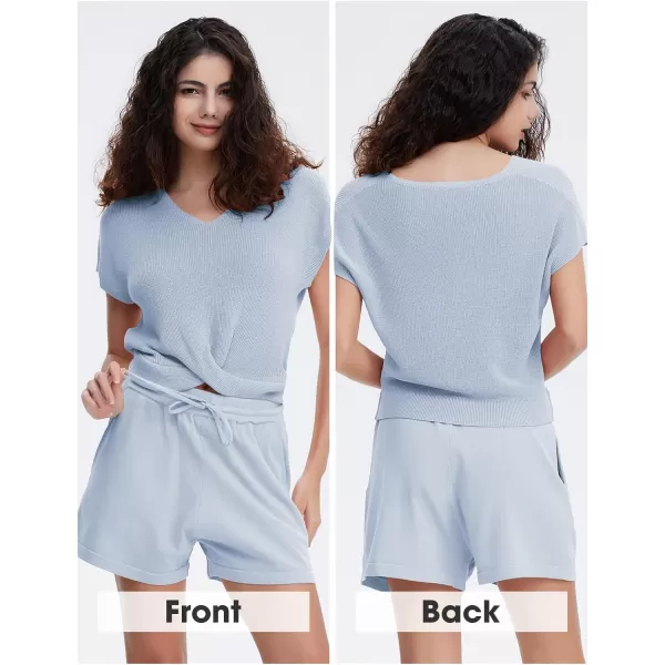 EXLURA Women's Summer 2 Piece Matching Shorts Sets Knit Short Sleeve Twist Top and Shorts Lounge Sets Sweatsuits Tracksuits