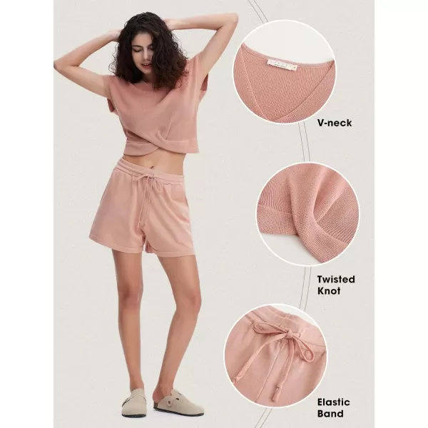 EXLURA Women's Summer 2 Piece Matching Shorts Sets Knit Short Sleeve Twist Top and Shorts Lounge Sets Sweatsuits Tracksuits