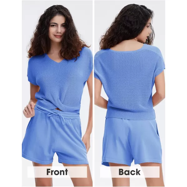 EXLURA Women's Summer 2 Piece Matching Shorts Sets Knit Short Sleeve Twist Top and Shorts Lounge Sets Sweatsuits Tracksuits