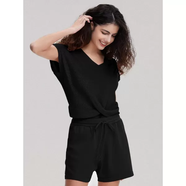 EXLURA Women's Summer 2 Piece Matching Shorts Sets Knit Short Sleeve Twist Top and Shorts Lounge Sets Sweatsuits Tracksuits
