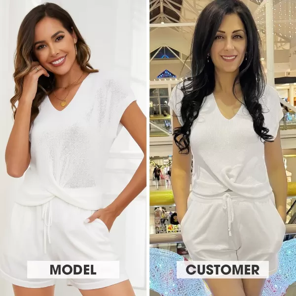 EXLURA Women's Summer 2 Piece Matching Shorts Sets Knit Short Sleeve Twist Top and Shorts Lounge Sets Sweatsuits Tracksuits