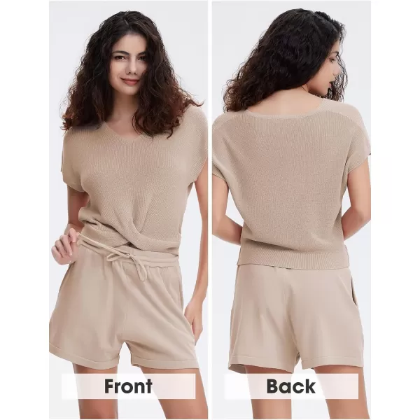 EXLURA Women's Summer 2 Piece Matching Shorts Sets Knit Short Sleeve Twist Top and Shorts Lounge Sets Sweatsuits Tracksuits