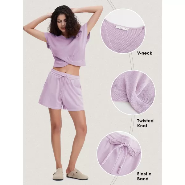 EXLURA Women's Summer 2 Piece Matching Shorts Sets Knit Short Sleeve Twist Top and Shorts Lounge Sets Sweatsuits Tracksuits