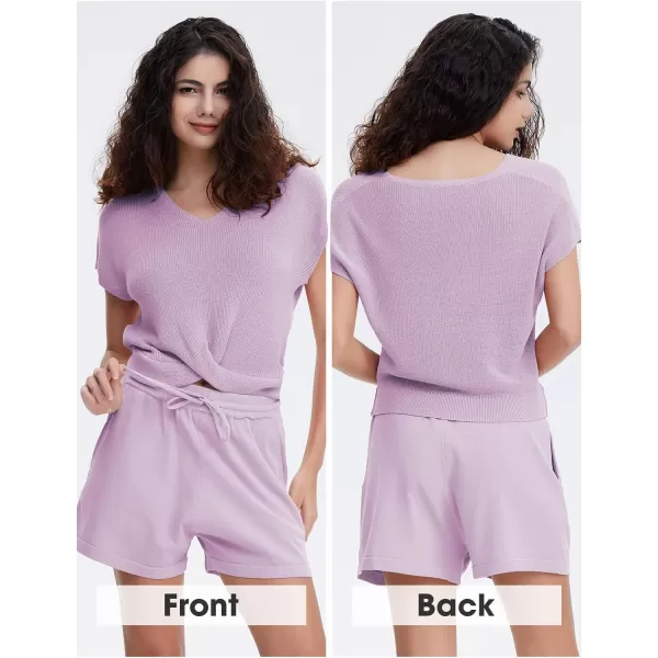 EXLURA Women's Summer 2 Piece Matching Shorts Sets Knit Short Sleeve Twist Top and Shorts Lounge Sets Sweatsuits Tracksuits