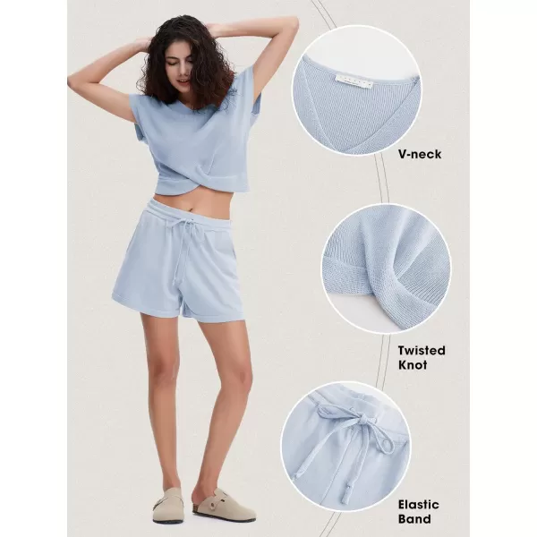 EXLURA Women's Summer 2 Piece Matching Shorts Sets Knit Short Sleeve Twist Top and Shorts Lounge Sets Sweatsuits Tracksuits