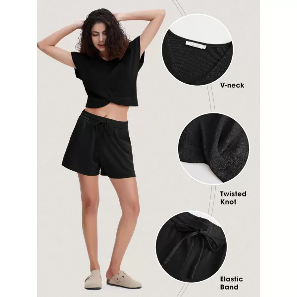 EXLURA Women's Summer 2 Piece Matching Shorts Sets Knit Short Sleeve Twist Top and Shorts Lounge Sets Sweatsuits Tracksuits