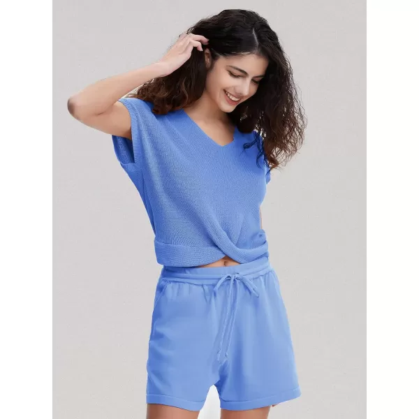 EXLURA Women's Summer 2 Piece Matching Shorts Sets Knit Short Sleeve Twist Top and Shorts Lounge Sets Sweatsuits Tracksuits