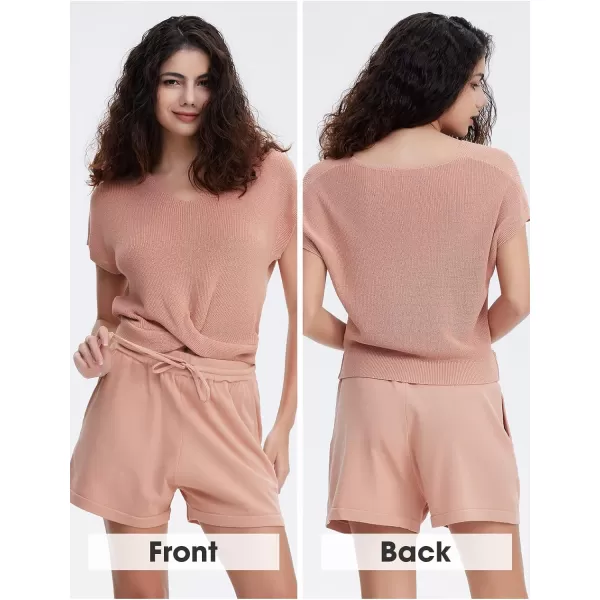 EXLURA Women's Summer 2 Piece Matching Shorts Sets Knit Short Sleeve Twist Top and Shorts Lounge Sets Sweatsuits Tracksuits