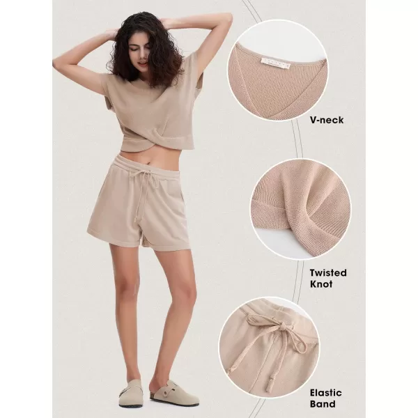EXLURA Women's Summer 2 Piece Matching Shorts Sets Knit Short Sleeve Twist Top and Shorts Lounge Sets Sweatsuits Tracksuits
