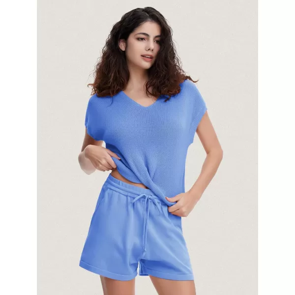 EXLURA Women's Summer 2 Piece Matching Shorts Sets Knit Short Sleeve Twist Top and Shorts Lounge Sets Sweatsuits Tracksuits
