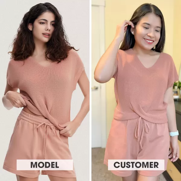 EXLURA Women's Summer 2 Piece Matching Shorts Sets Knit Short Sleeve Twist Top and Shorts Lounge Sets Sweatsuits Tracksuits