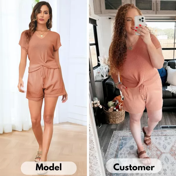 EXLURA Women's Summer 2 Piece Matching Shorts Sets Knit Short Sleeve Twist Top and Shorts Lounge Sets Sweatsuits Tracksuits
