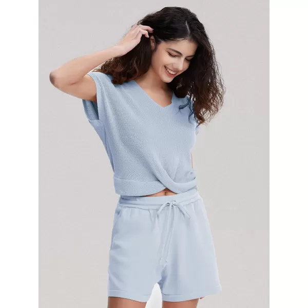 EXLURA Women's Summer 2 Piece Matching Shorts Sets Knit Short Sleeve Twist Top and Shorts Lounge Sets Sweatsuits Tracksuits