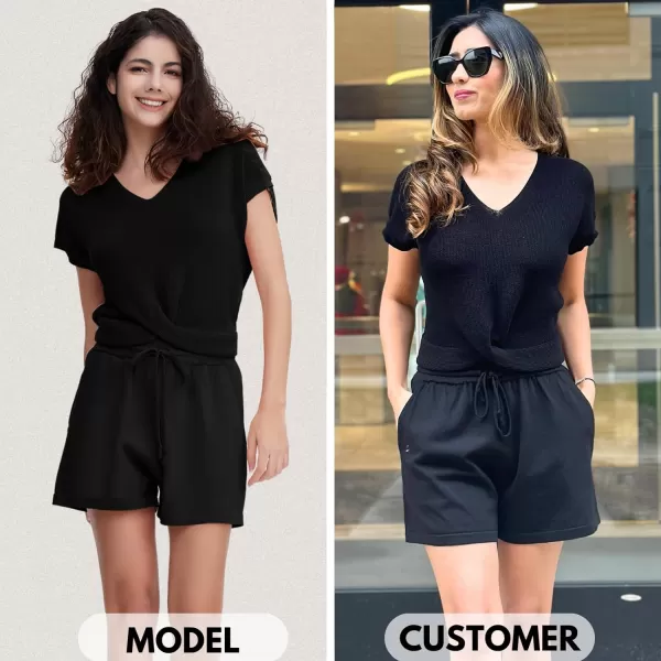 EXLURA Women's Summer 2 Piece Matching Shorts Sets Knit Short Sleeve Twist Top and Shorts Lounge Sets Sweatsuits Tracksuits