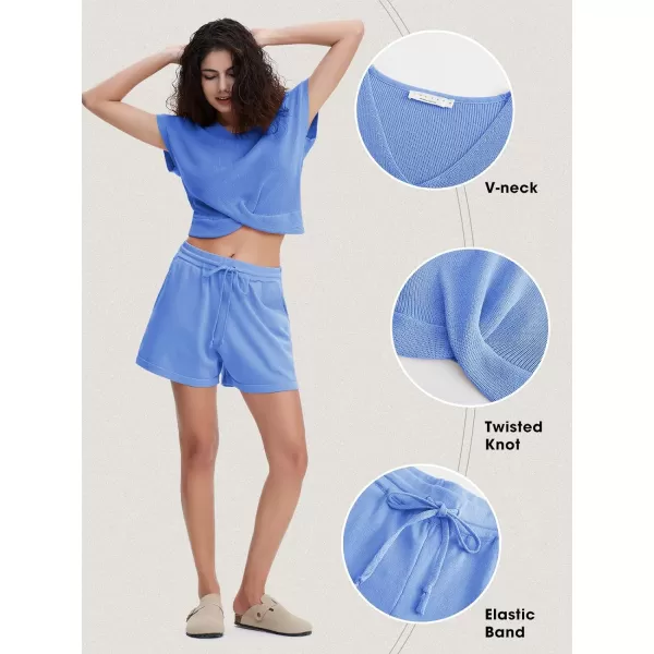 EXLURA Women's Summer 2 Piece Matching Shorts Sets Knit Short Sleeve Twist Top and Shorts Lounge Sets Sweatsuits Tracksuits