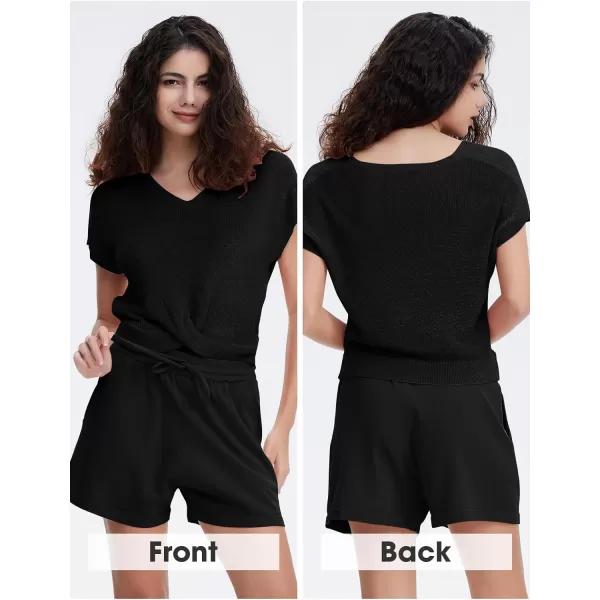 EXLURA Women's Summer 2 Piece Matching Shorts Sets Knit Short Sleeve Twist Top and Shorts Lounge Sets Sweatsuits Tracksuits