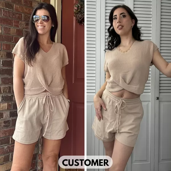 EXLURA Women's Summer 2 Piece Matching Shorts Sets Knit Short Sleeve Twist Top and Shorts Lounge Sets Sweatsuits Tracksuits