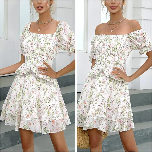 EXLURA Womens Summer Dress Floral Ruffle Tiered Square Neck Sundress Short Sleeve Off Shoulder Smocked Mini Dresses