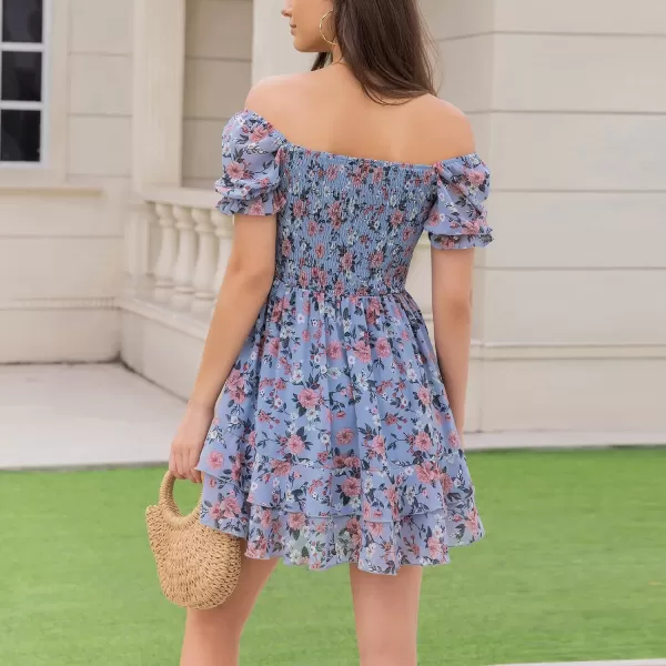 EXLURA Womens Summer Dress Floral Ruffle Tiered Square Neck Sundress Short Sleeve Off Shoulder Smocked Mini Dresses