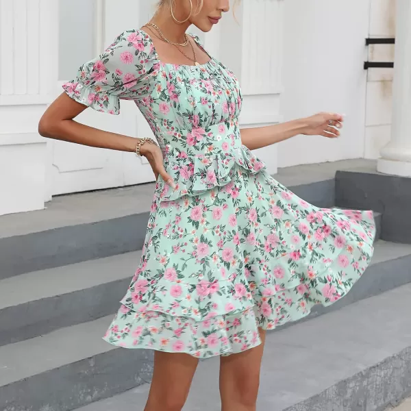 EXLURA Womens Summer Dress Floral Ruffle Tiered Square Neck Sundress Short Sleeve Off Shoulder Smocked Mini Dresses