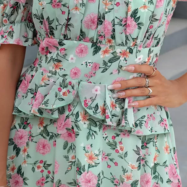 EXLURA Womens Summer Dress Floral Ruffle Tiered Square Neck Sundress Short Sleeve Off Shoulder Smocked Mini Dresses