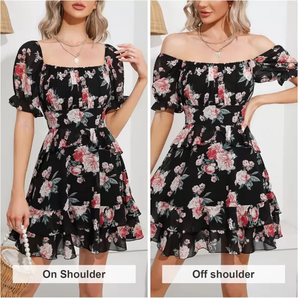 EXLURA Womens Summer Dress Floral Ruffle Tiered Square Neck Sundress Short Sleeve Off Shoulder Smocked Mini Dresses