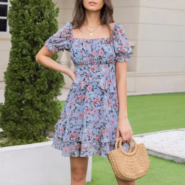 EXLURA Womens Summer Dress Floral Ruffle Tiered Square Neck Sundress Short Sleeve Off Shoulder Smocked Mini Dresses