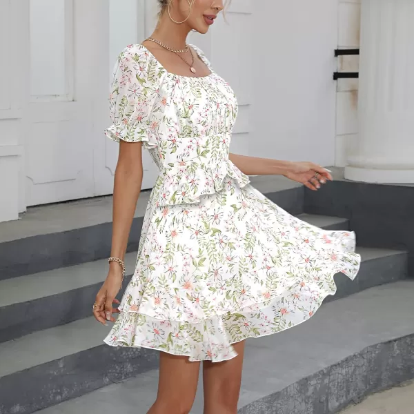 EXLURA Womens Summer Dress Floral Ruffle Tiered Square Neck Sundress Short Sleeve Off Shoulder Smocked Mini Dresses