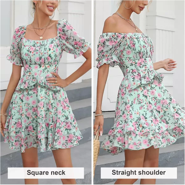 EXLURA Womens Summer Dress Floral Ruffle Tiered Square Neck Sundress Short Sleeve Off Shoulder Smocked Mini Dresses
