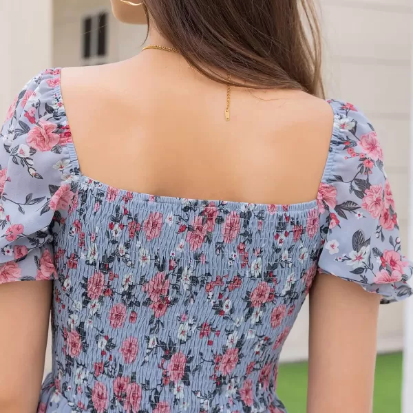 EXLURA Womens Summer Dress Floral Ruffle Tiered Square Neck Sundress Short Sleeve Off Shoulder Smocked Mini Dresses