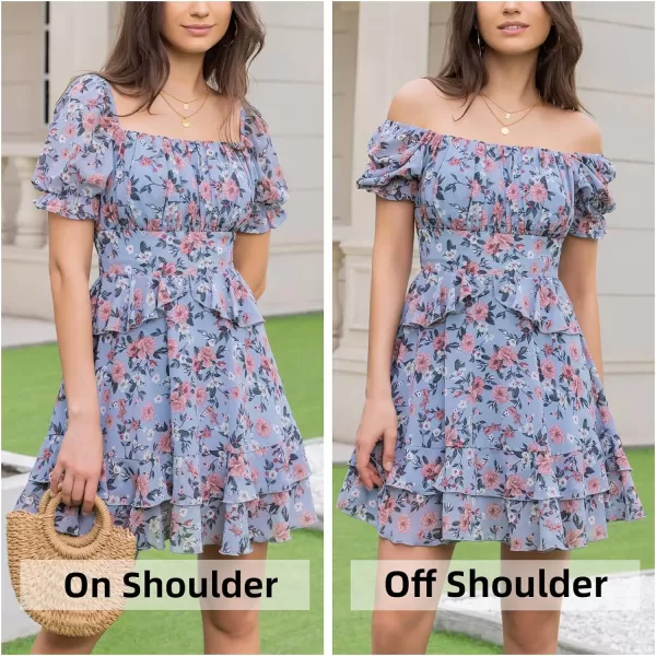 EXLURA Womens Summer Dress Floral Ruffle Tiered Square Neck Sundress Short Sleeve Off Shoulder Smocked Mini Dresses
