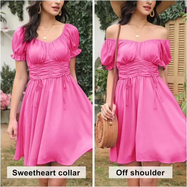 EXLURA Womens Summer Dress Short Smocked Ruffle Sundress Off Shoulder Ruched Flowy Smocked Swing Mini Dresses