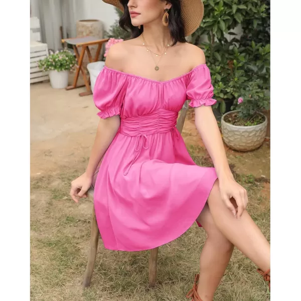 EXLURA Womens Summer Dress Short Smocked Ruffle Sundress Off Shoulder Ruched Flowy Smocked Swing Mini Dresses
