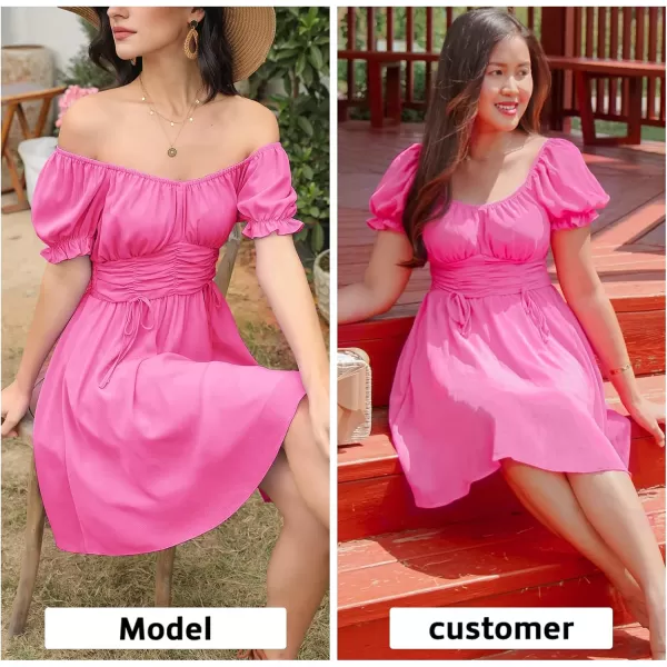 EXLURA Womens Summer Dress Short Smocked Ruffle Sundress Off Shoulder Ruched Flowy Smocked Swing Mini Dresses