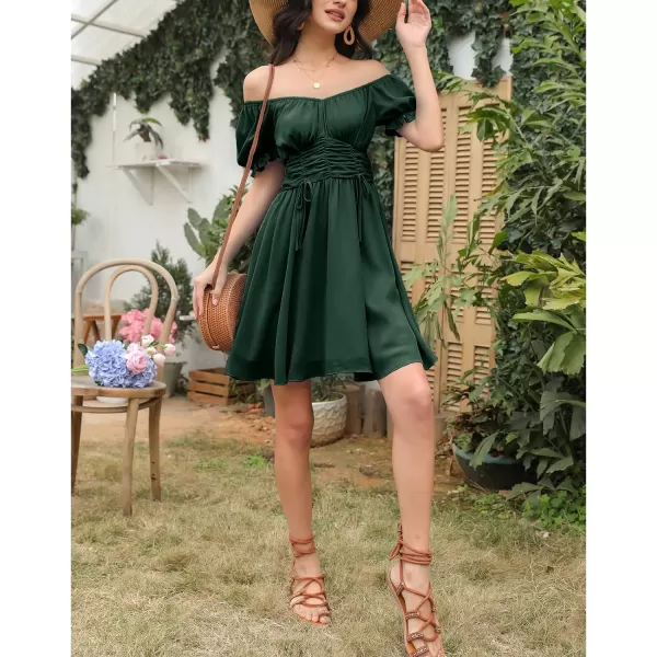 EXLURA Womens Summer Dress Short Smocked Ruffle Sundress Off Shoulder Ruched Flowy Smocked Swing Mini Dresses