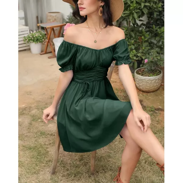 EXLURA Womens Summer Dress Short Smocked Ruffle Sundress Off Shoulder Ruched Flowy Smocked Swing Mini Dresses