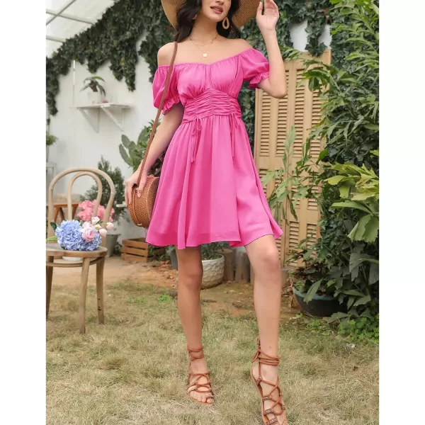 EXLURA Womens Summer Dress Short Smocked Ruffle Sundress Off Shoulder Ruched Flowy Smocked Swing Mini Dresses